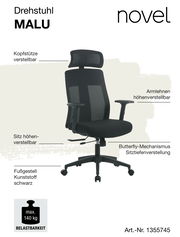 Schwarzer Drehstuhl mit verstellbarer Kopfstütze, höhenverstellbaren Armlehnen und Sitz, Butterfly-Mechanismus für Sitztiefenverstellung, schwarzes Kunststoff-Fußgestell, seitliche Perspektive.