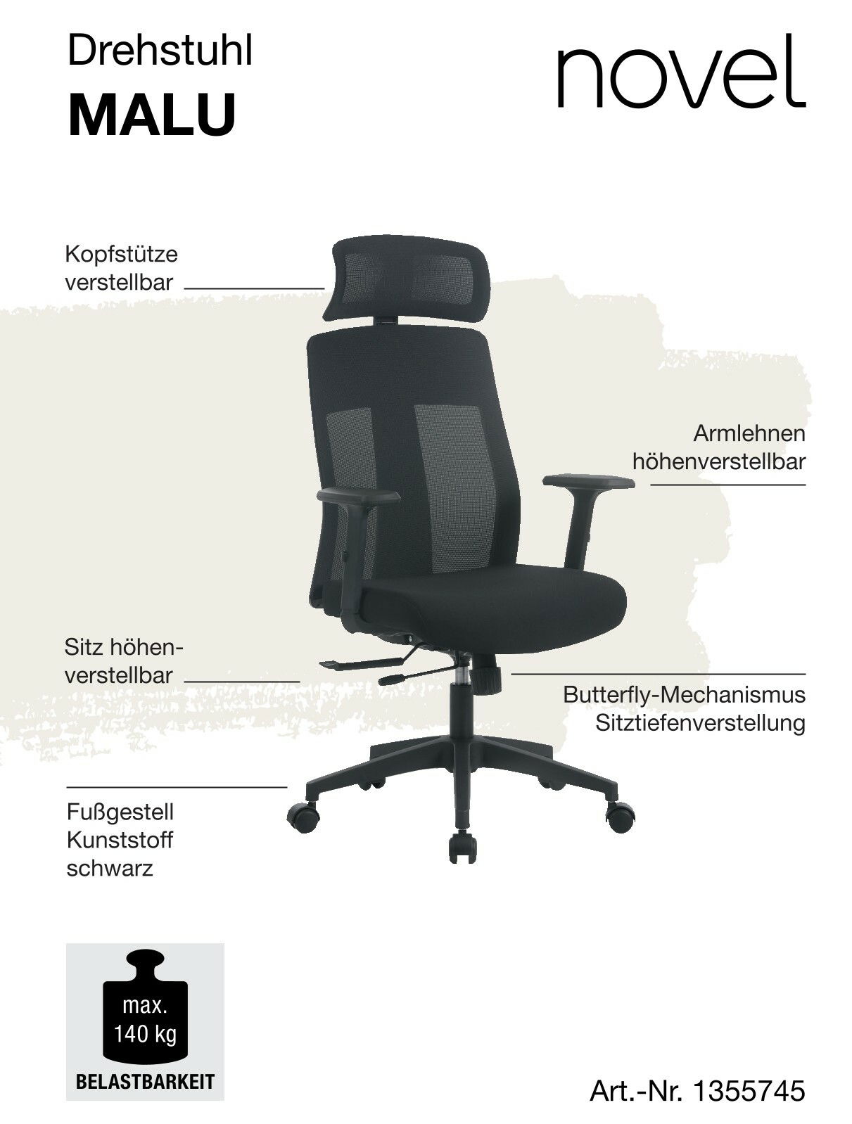 Schwarzer Drehstuhl mit verstellbarer Kopfstütze, höhenverstellbaren Armlehnen und Sitz, Butterfly-Mechanismus für Sitztiefenverstellung, schwarzes Kunststoff-Fußgestell, seitliche Perspektive.