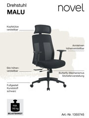 Schwarzer Drehstuhl mit verstellbarer Kopfstütze, höhenverstellbaren Armlehnen und Sitz, Butterfly-Mechanismus für Sitztiefenverstellung, schwarzes Kunststoff-Fußgestell, seitliche Perspektive.