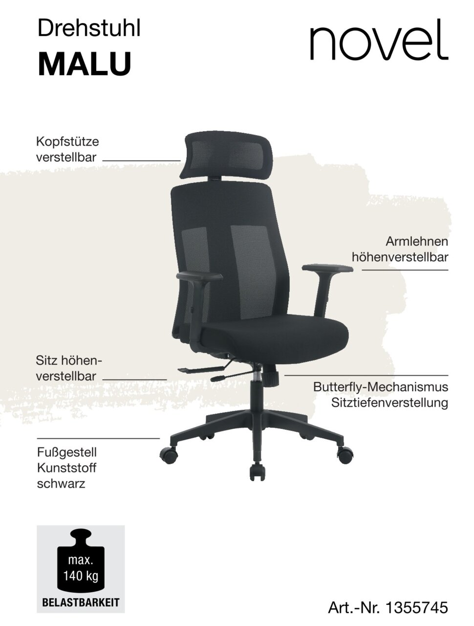 Schwarzer Drehstuhl mit verstellbarer Kopfstütze, höhenverstellbaren Armlehnen und Sitz, Butterfly-Mechanismus für Sitztiefenverstellung, schwarzes Kunststoff-Fußgestell, seitliche Perspektive.