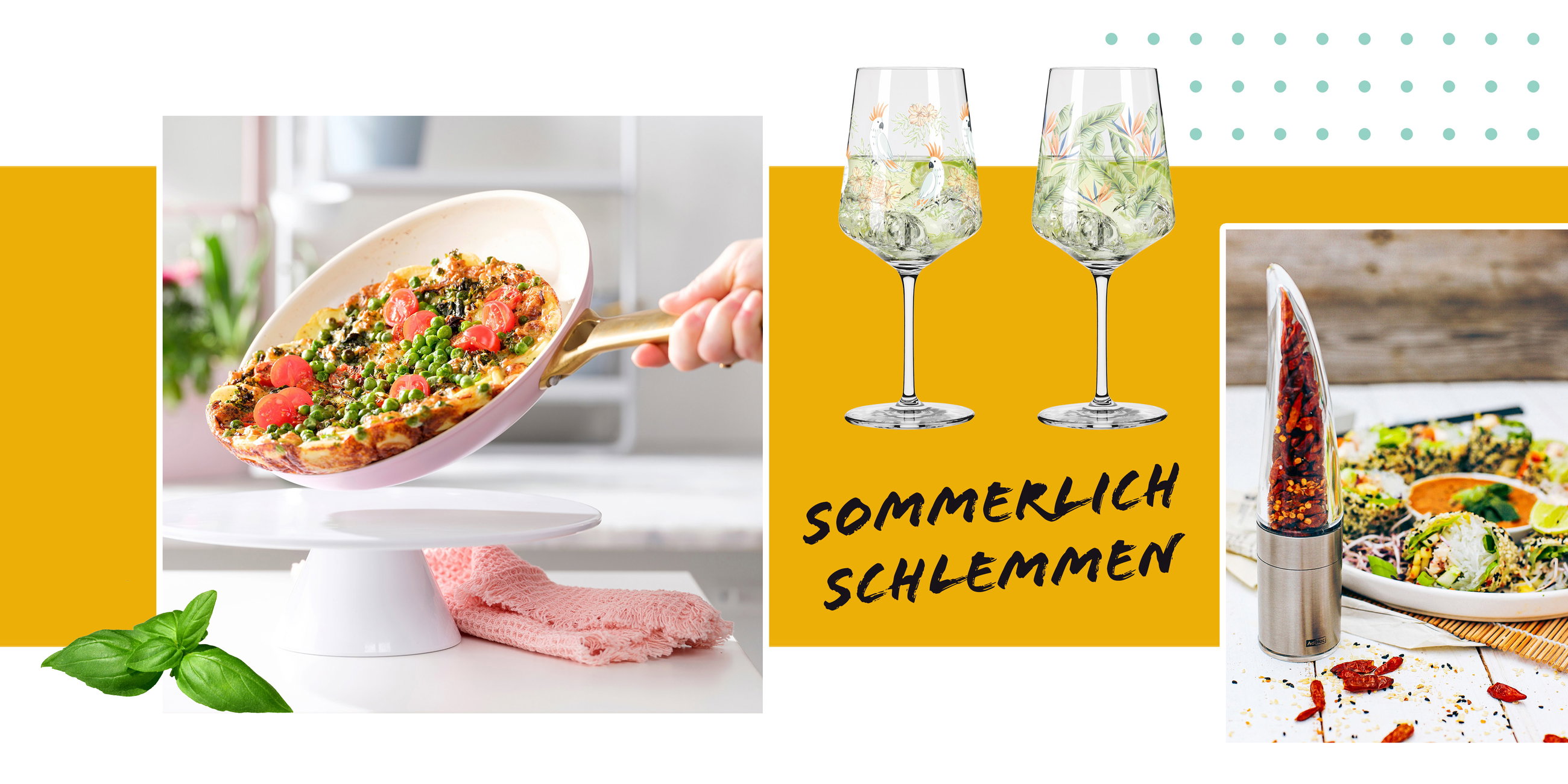 Sommerliche Küche mit gefüllter Pfanne, dekorativen Weingläsern und Gewürzmühle – „Sommerlich schlemmen“