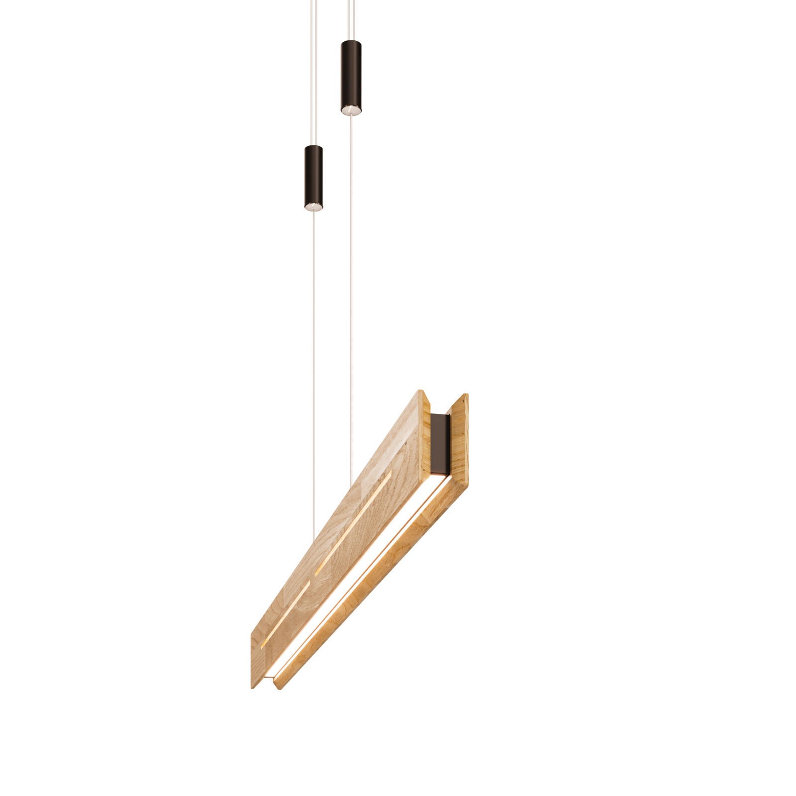 Moderne LED-Pendelleuchte aus Holz, seitliche Perspektive