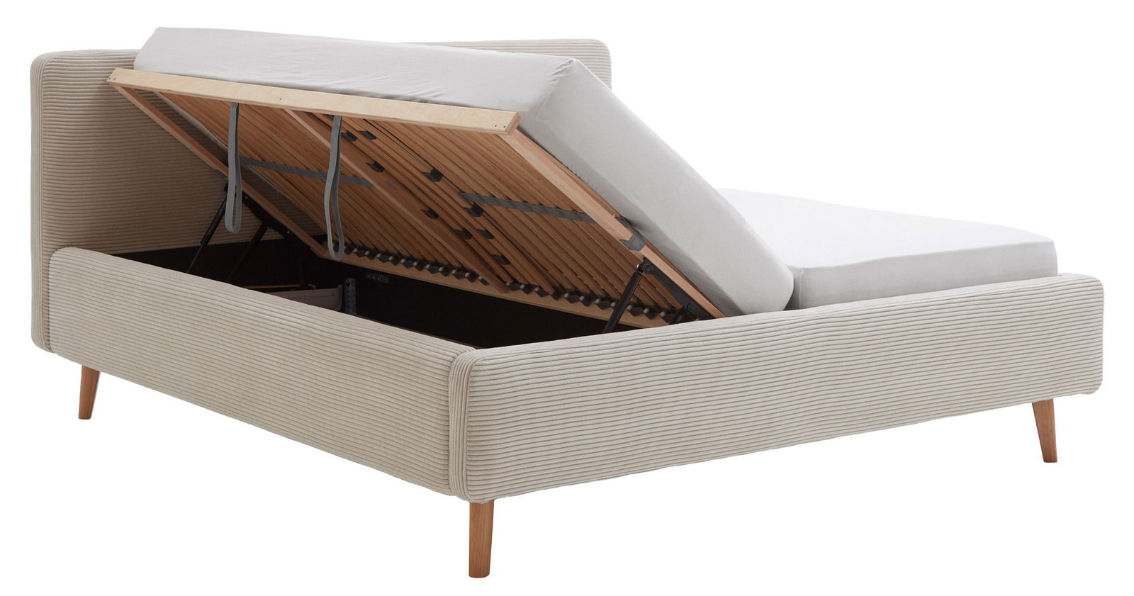 Polsterbett mit hochgeklappter Matratze und Stauraum, seitliche Perspektive