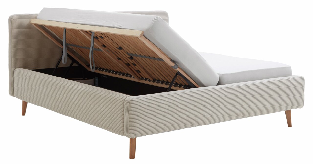 Polsterbett mit hochgeklappter Matratze und Stauraum, seitliche Perspektive