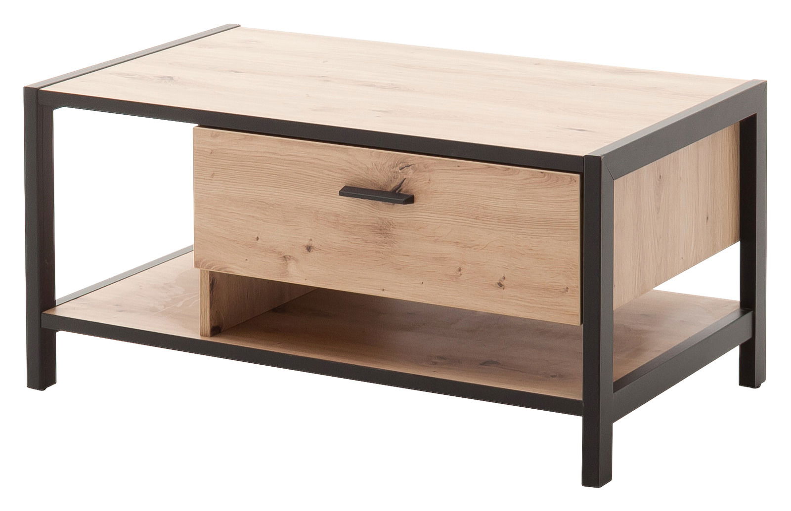 Z2 Couchtisch ALGARVE Moderner Couchtisch aus Holz mit schwarzem Metallrahmen, seitliche Perspektive