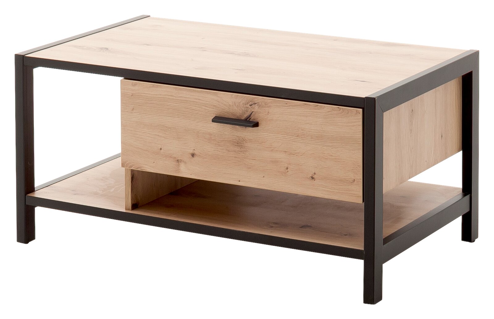 Moderner Couchtisch aus Holz mit schwarzem Metallrahmen, seitliche Perspektive