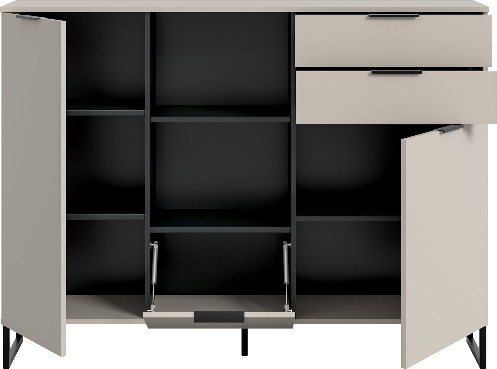 Modernes Sideboard in Hellgrau mit schwarzem Innenraum, zwei Schubladen und offenen Fächern, beide Türen geöffnet; Frontansicht leicht von oben.