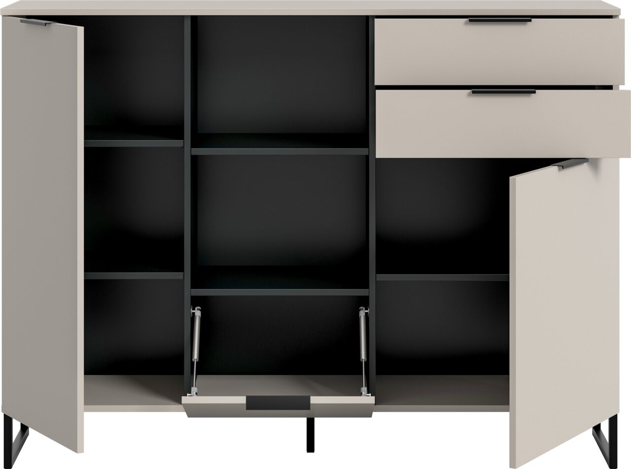 Modernes Sideboard in Hellgrau mit schwarzem Innenraum, zwei Schubladen und offenen Fächern, beide Türen geöffnet; Frontansicht leicht von oben.