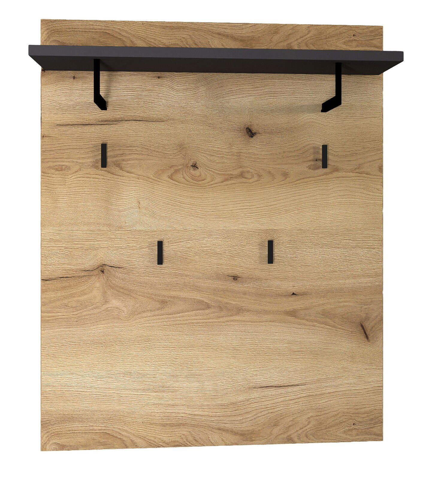 Frontale Ansicht eines Garderobenpaneels aus Holz mit schwarzer Ablage und Haken.