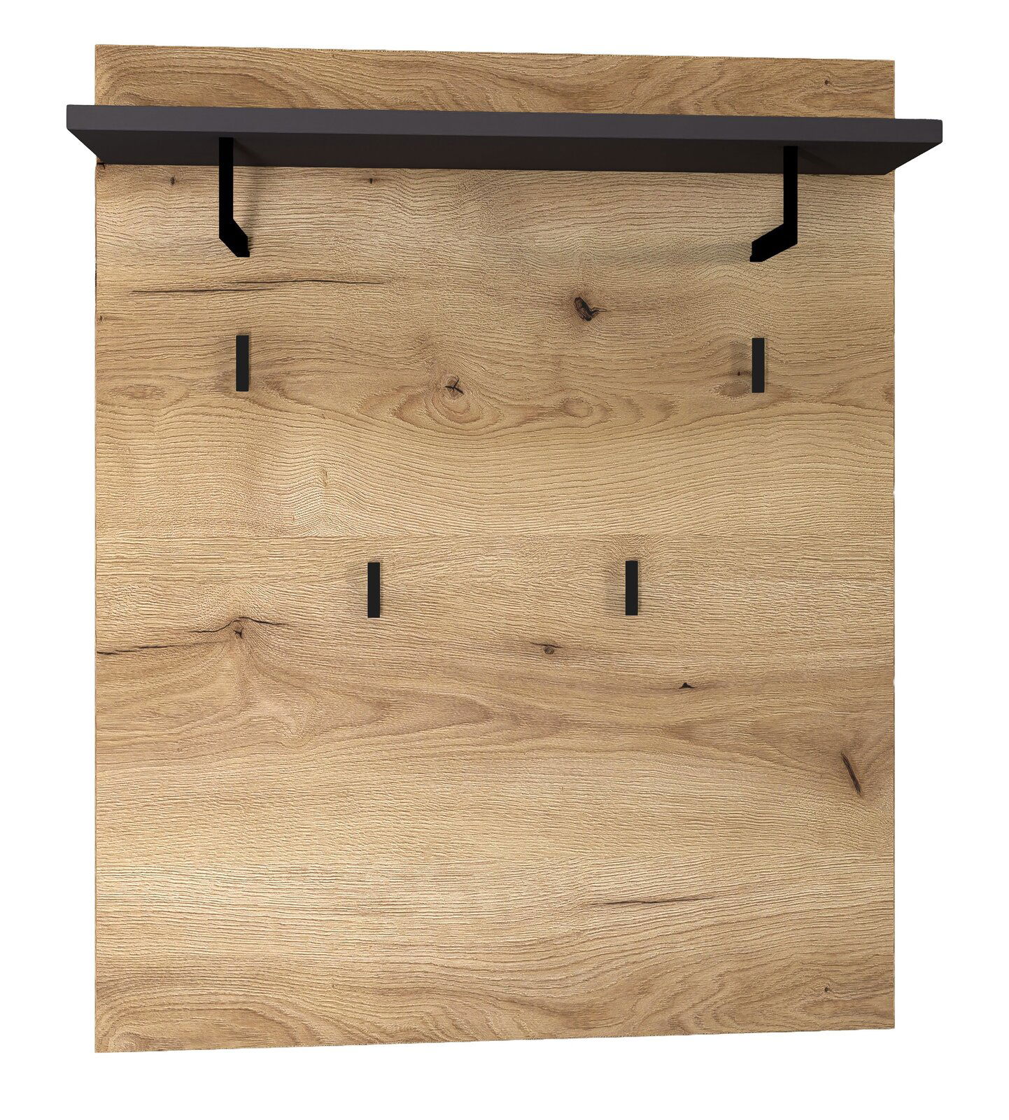Frontale Ansicht eines Garderobenpaneels aus Holz mit schwarzer Ablage und Haken.