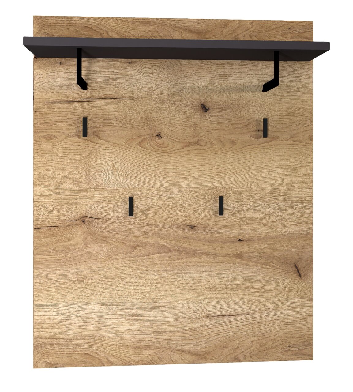 Frontale Ansicht eines Garderobenpaneels aus Holz mit schwarzer Ablage und Haken.
