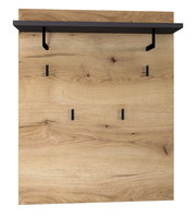 Frontale Ansicht eines Garderobenpaneels aus Holz mit schwarzer Ablage und Haken.