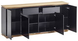 XL-Sideboard mit offenen Türen und Schubladen, schwarze Fronten und Holzoberfläche, Frontalansicht