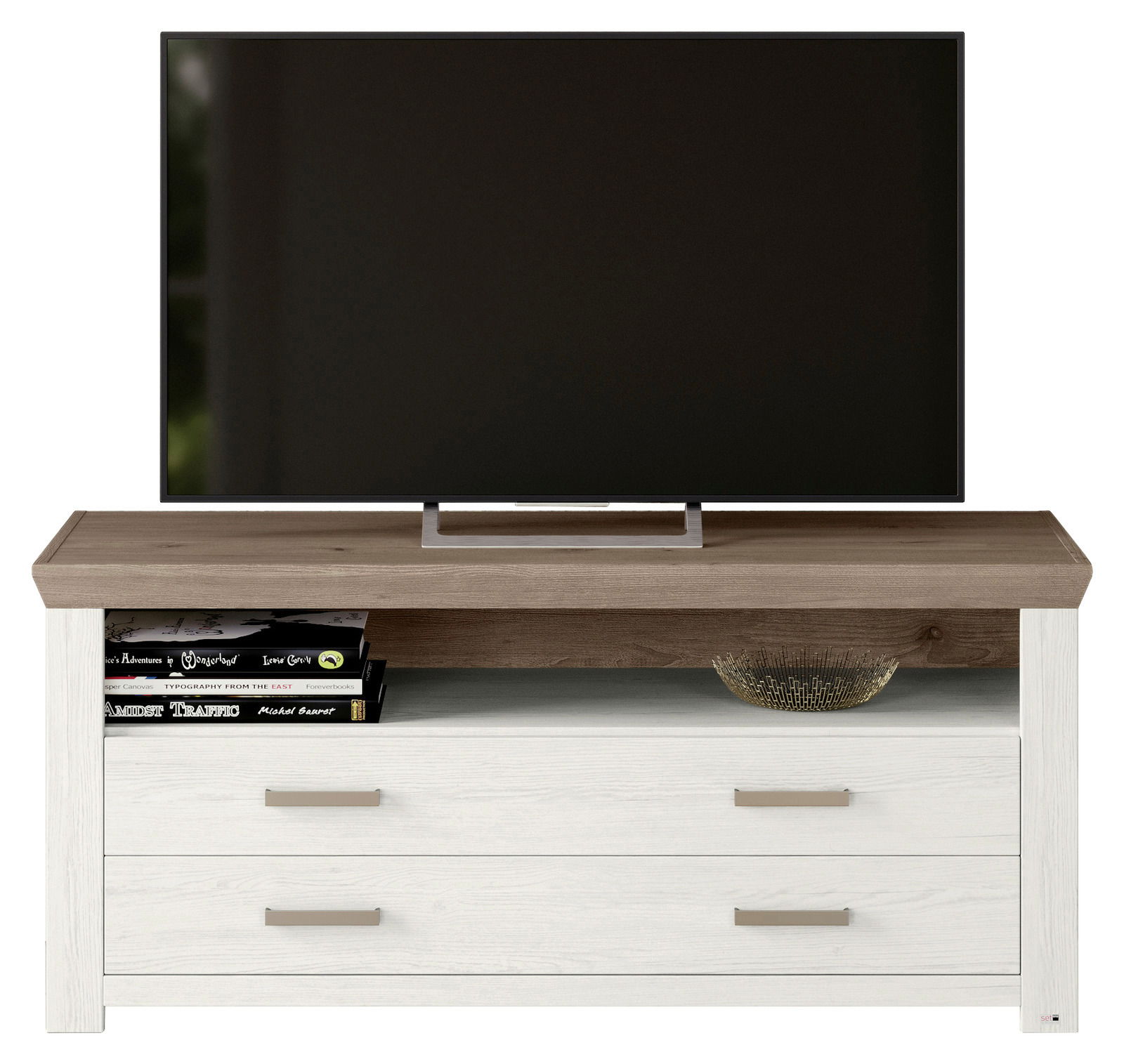 Lowboard in Holzoptik mit zwei Schubladen, darauf steht ein großer Flachbildfernseher. Perspektive: Frontalansicht.