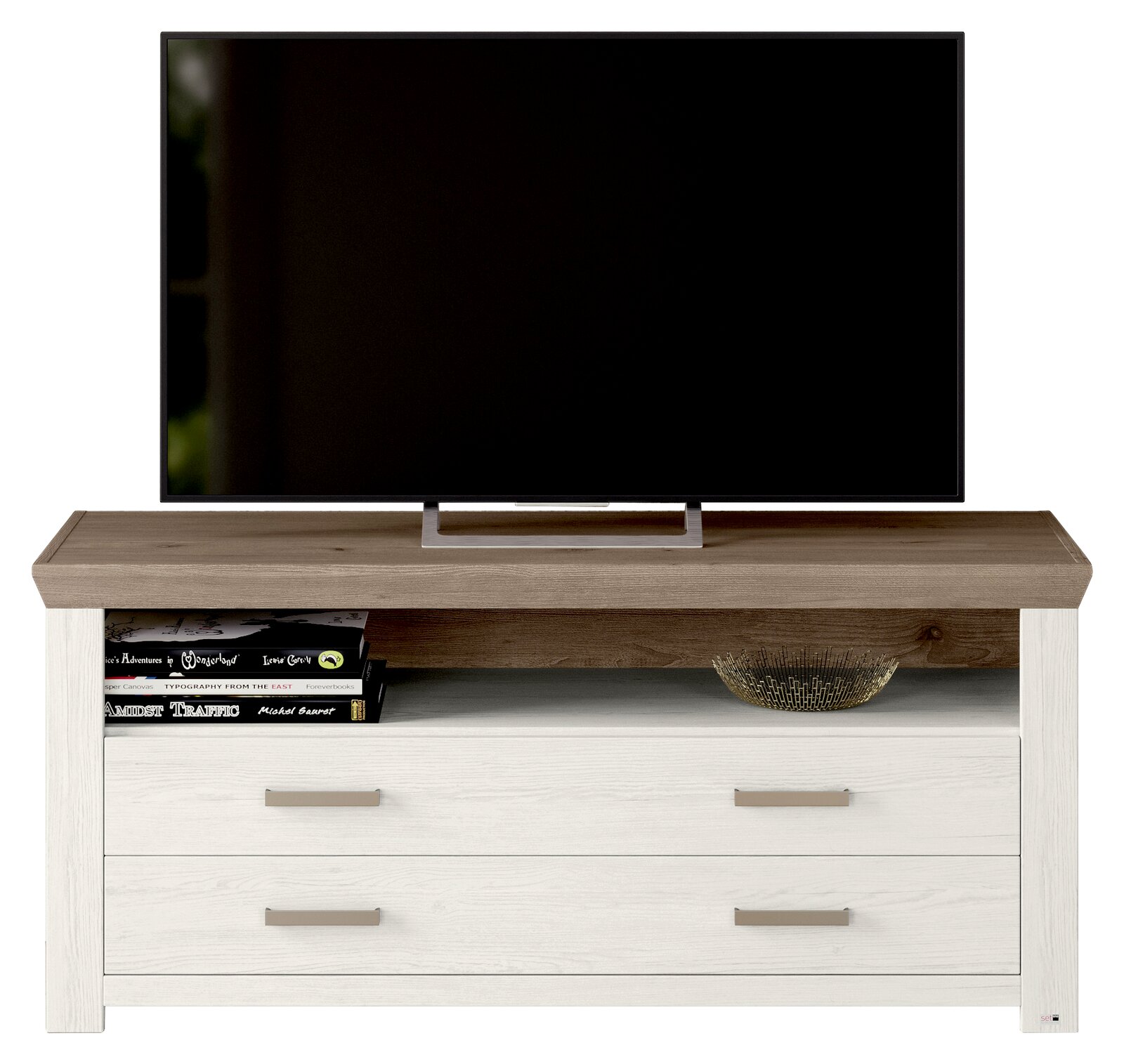 Lowboard in Holzoptik mit zwei Schubladen, darauf steht ein großer Flachbildfernseher. Perspektive: Frontalansicht.