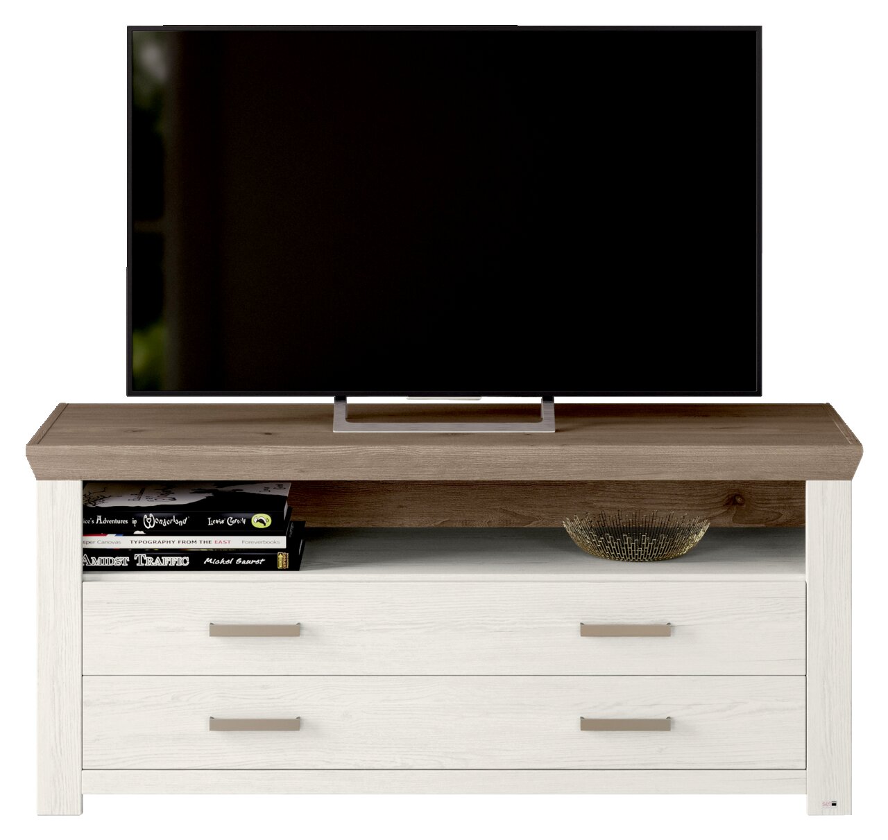 Lowboard in houtlook met twee lades, waarop een grote flatscreen-tv staat. Perspectief: vooraanzicht.