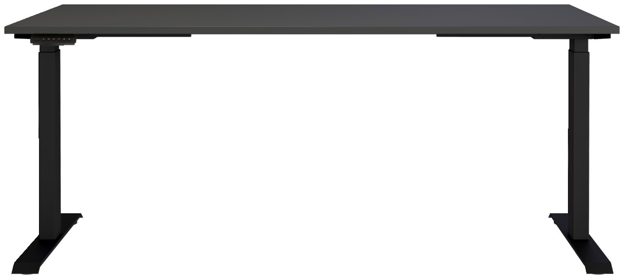 Elektrisch höhenverstellbarer Schreibtisch in schwarzer Farbe, frontal betrachtet.