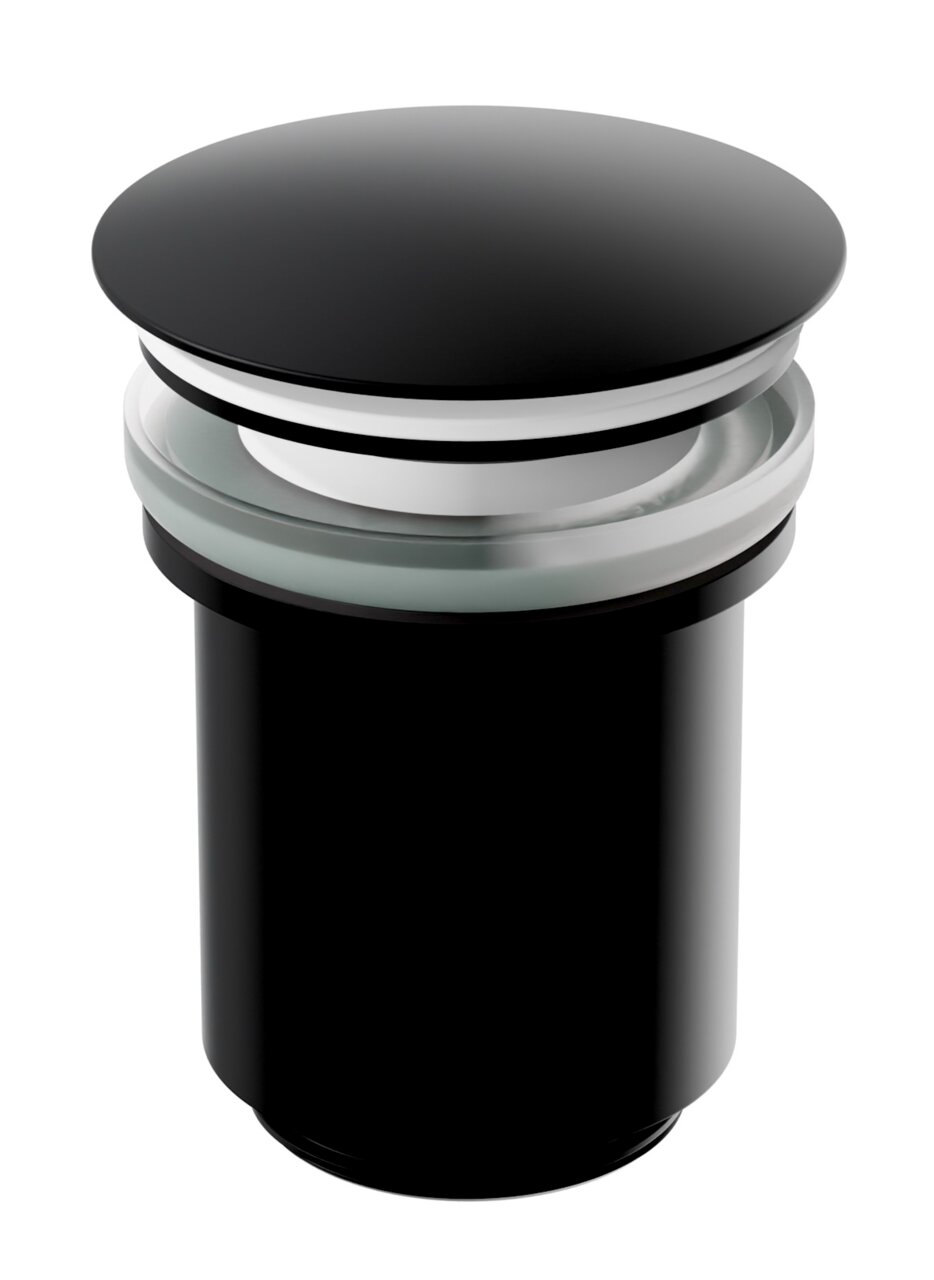 Schwarze Ablaufgarnitur aus der Seitenperspektive, mit glänzender Oberfläche und modernen Design.