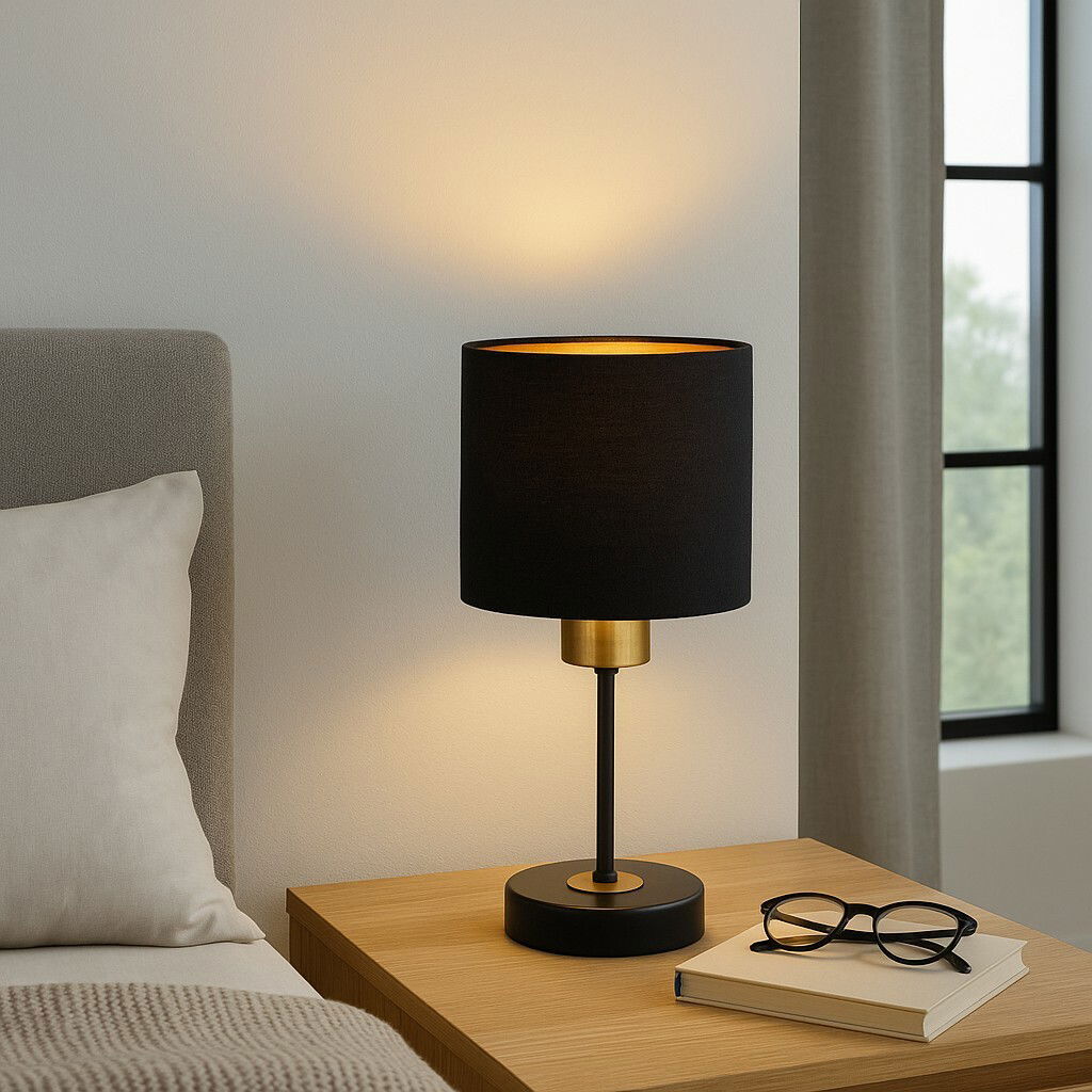 Moderne Tischleuchte mit schwarzem Lampenschirm und goldenen Akzenten, auf einem Nachttisch neben einem Bett, aus seitlicher Perspektive fotografiert.