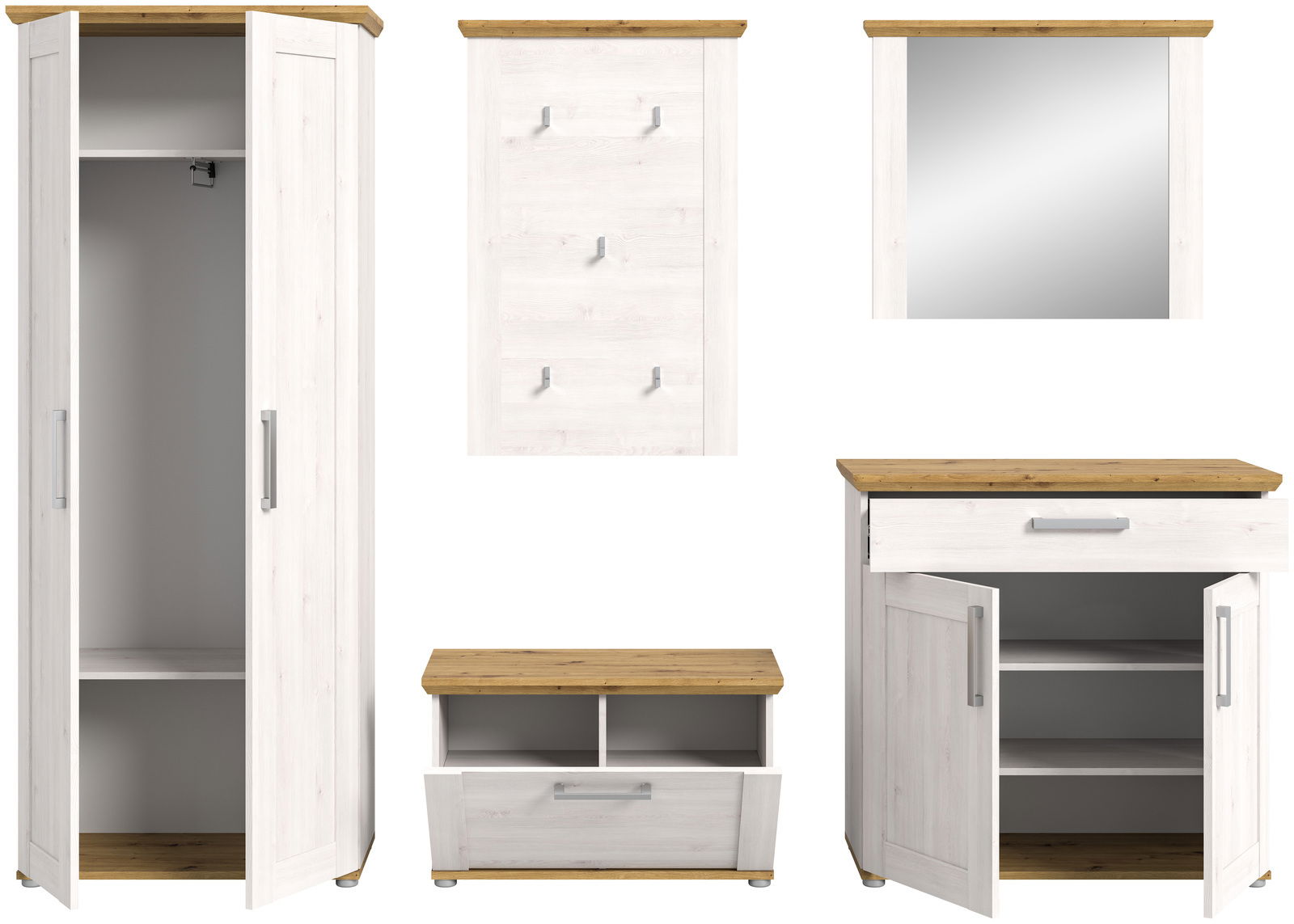 Garderobenkombination in Weiß mit Holzakzenten, bestehend aus einem hohen Schrank, einer Wandgarderobe mit Haken, einem Spiegel, einer Schuhbank und einem Schrank mit Schublade. Frontalansicht.