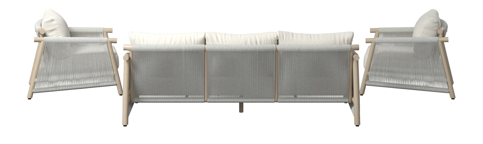 Rückansicht eines Loungegarnitur-Sets mit hellem Holzrahmen und weißen Kissen, bestehend aus einem Sofa und zwei Sesseln.