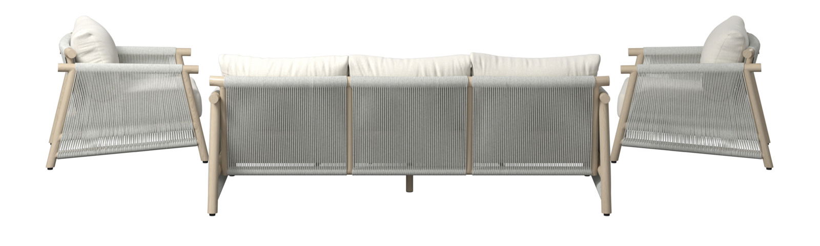 Rückansicht eines Loungegarnitur-Sets mit hellem Holzrahmen und weißen Kissen, bestehend aus einem Sofa und zwei Sesseln.