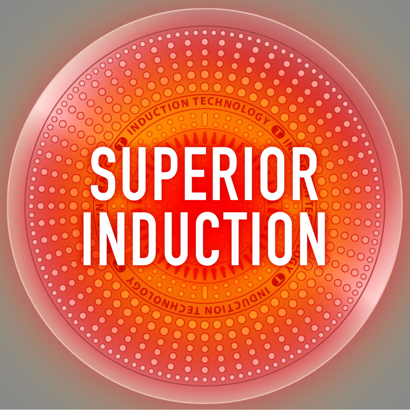 Unterseite einer Bratpfanne mit Induktionstechnologie, von oben betrachtet, mit der Aufschrift 'Superior Induction'.