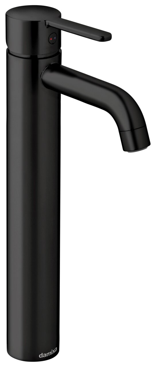 Schwarze Waschtischarmatur in modernem Design, seitliche Perspektive