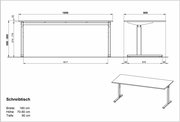 Technische Zeichnung eines Schreibtisches mit den Maßen: Breite 180 cm, Höhe 70-80 cm, Tiefe 80 cm. Ansicht von vorne, seitlich und in isometrischer Perspektive.