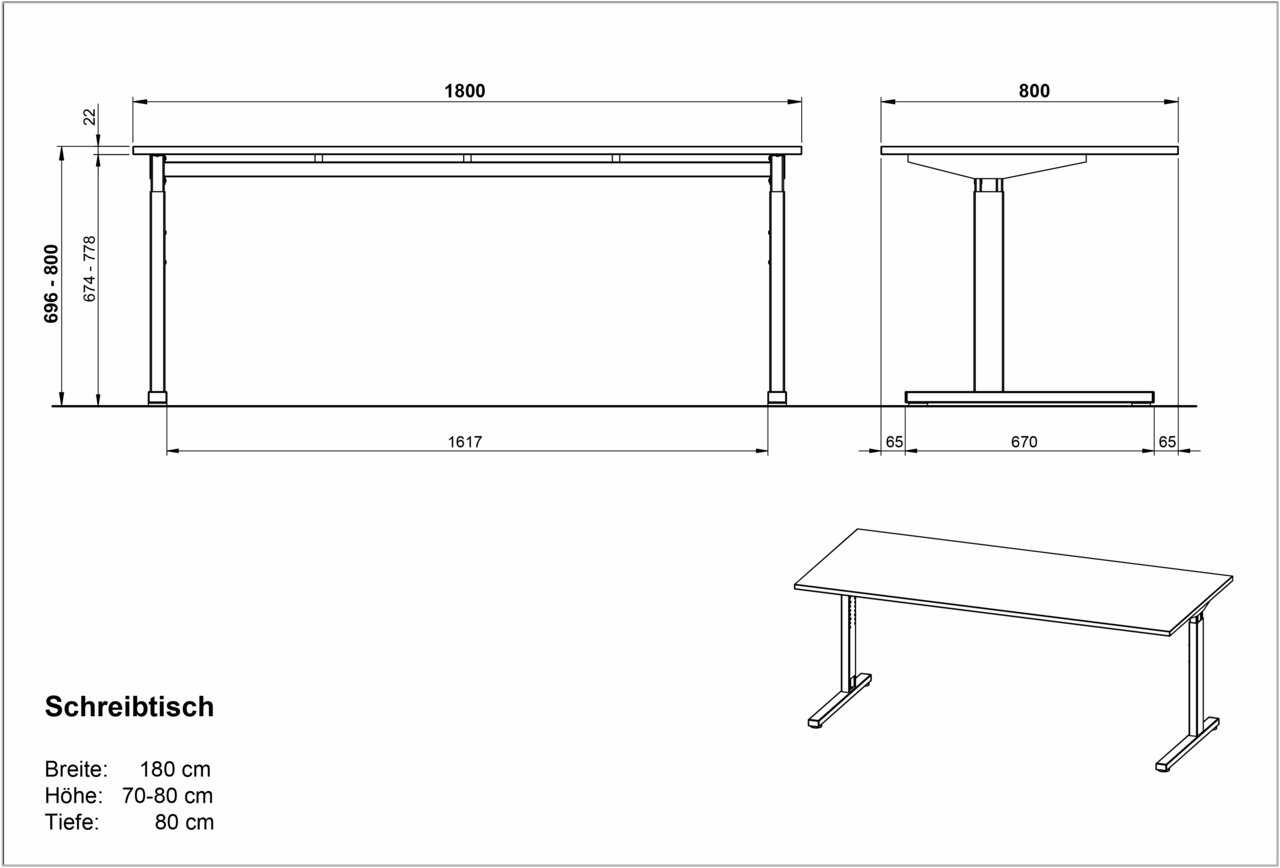 Technische Zeichnung eines Schreibtisches mit den Maßen: Breite 180 cm, Höhe 70-80 cm, Tiefe 80 cm. Ansicht von vorne, seitlich und in isometrischer Perspektive.