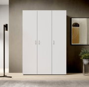 Drehtürenschrank 3-türig in weißer Farbe, frontal fotografiert in einem modernen Raum mit dekorativer Kunst und Pflanzen.