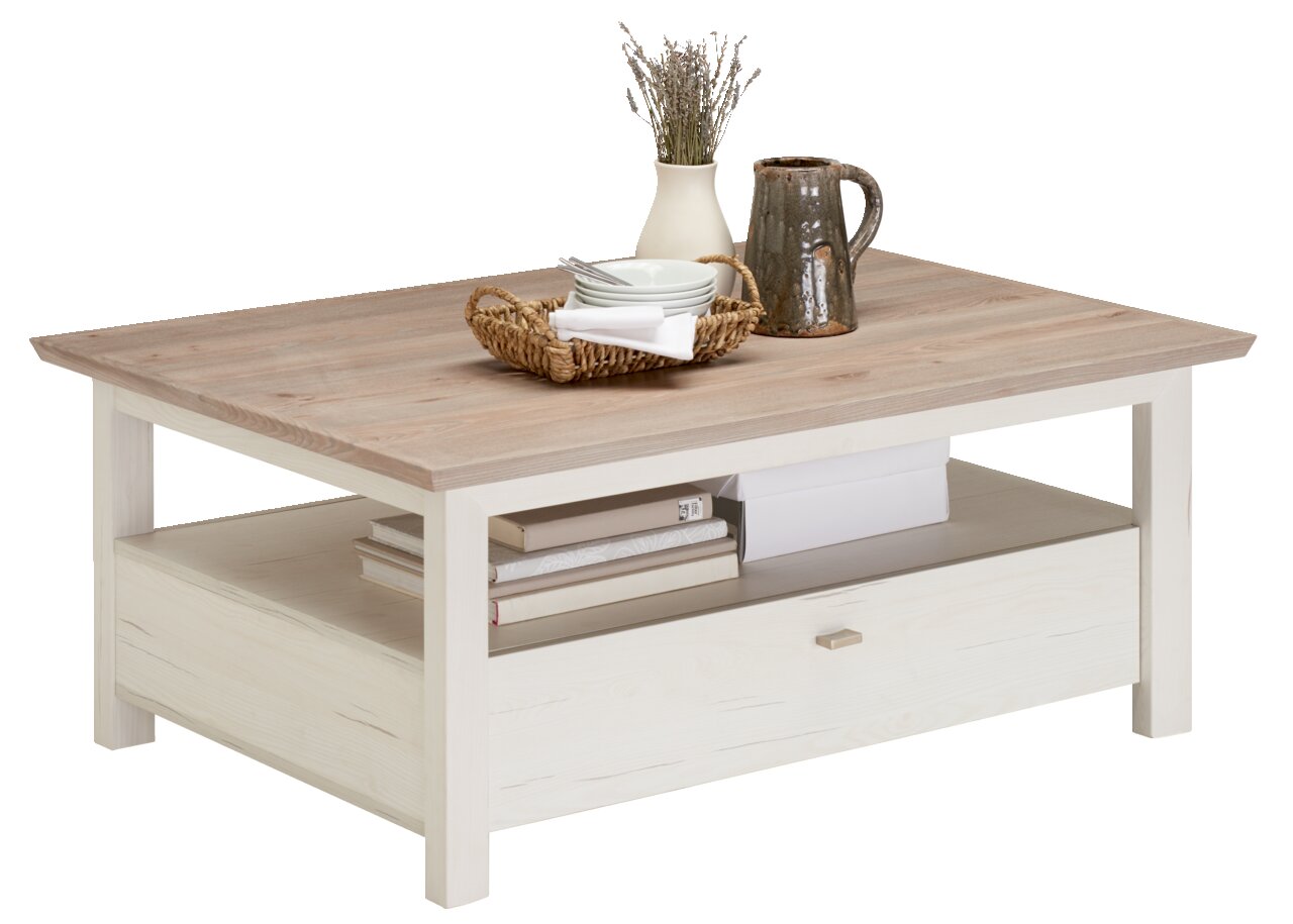 Hom´in Couchtisch CAMRON Moderner Couchtisch mit Holzoptik, dekoriert mit Geschirr und Dekorationen, seitliche Perspektive