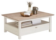 Moderne salontafel met houtlook, versierd met serviesgoed en decoraties, zijaanzicht