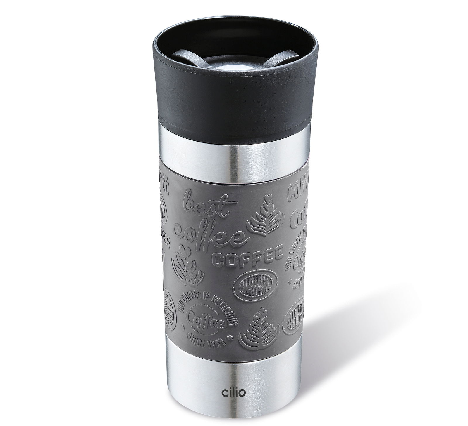 Grauer Isoliertrinkbecher 360ml mit schwarzem Deckel und geprägtem Kaffeedesign, seitliche Perspektive