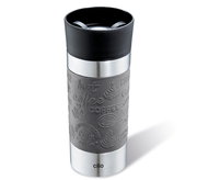 Grauer Isoliertrinkbecher 360ml mit schwarzem Deckel und geprägtem Kaffeedesign, seitliche Perspektive