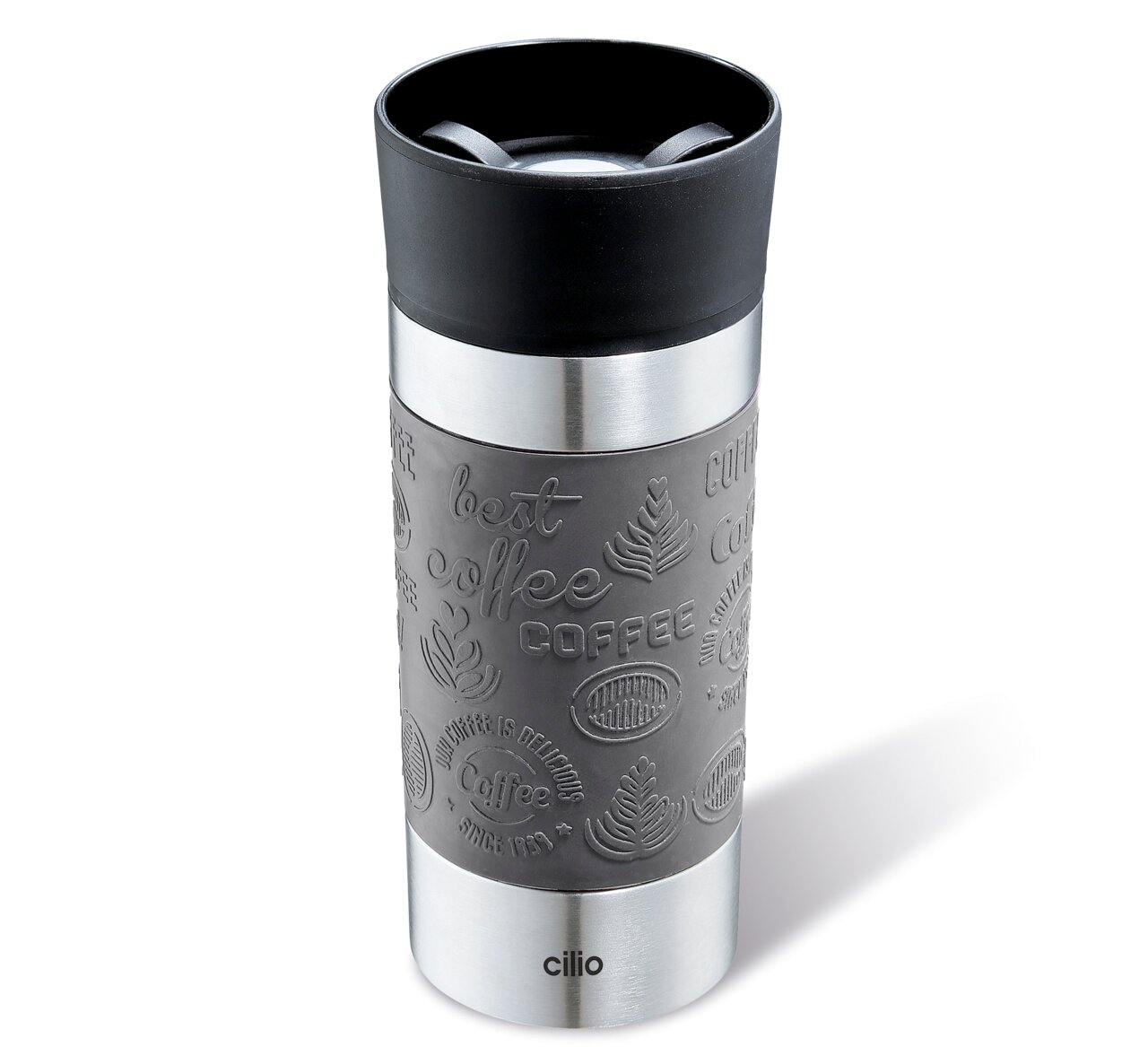 Grauer Isoliertrinkbecher 360ml mit schwarzem Deckel und geprägtem Kaffeedesign, seitliche Perspektive