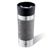 Grijze thermosbeker van 360 ml met zwarte deksel en reliëfmotief met koffiethema, zijaanzicht
