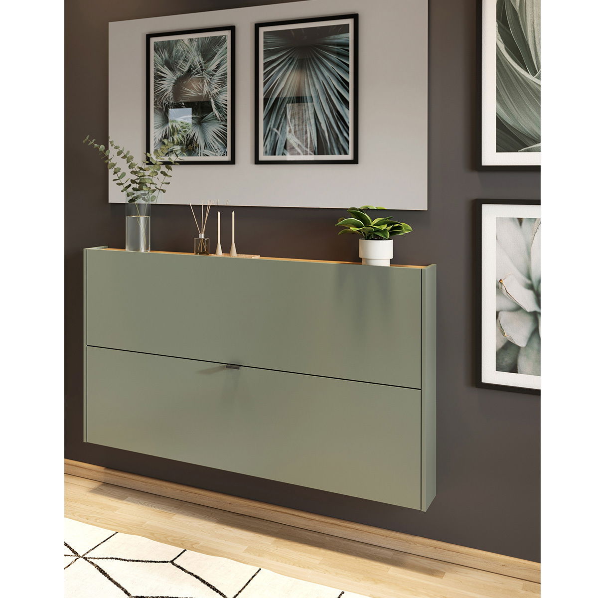 MID.YOU Garderoben-Set AMECA Moderne Garderobe in minimalistischem Design, hängend an der Wand, mit Dekorationen und Pflanzen, aus seitlicher Perspektive.