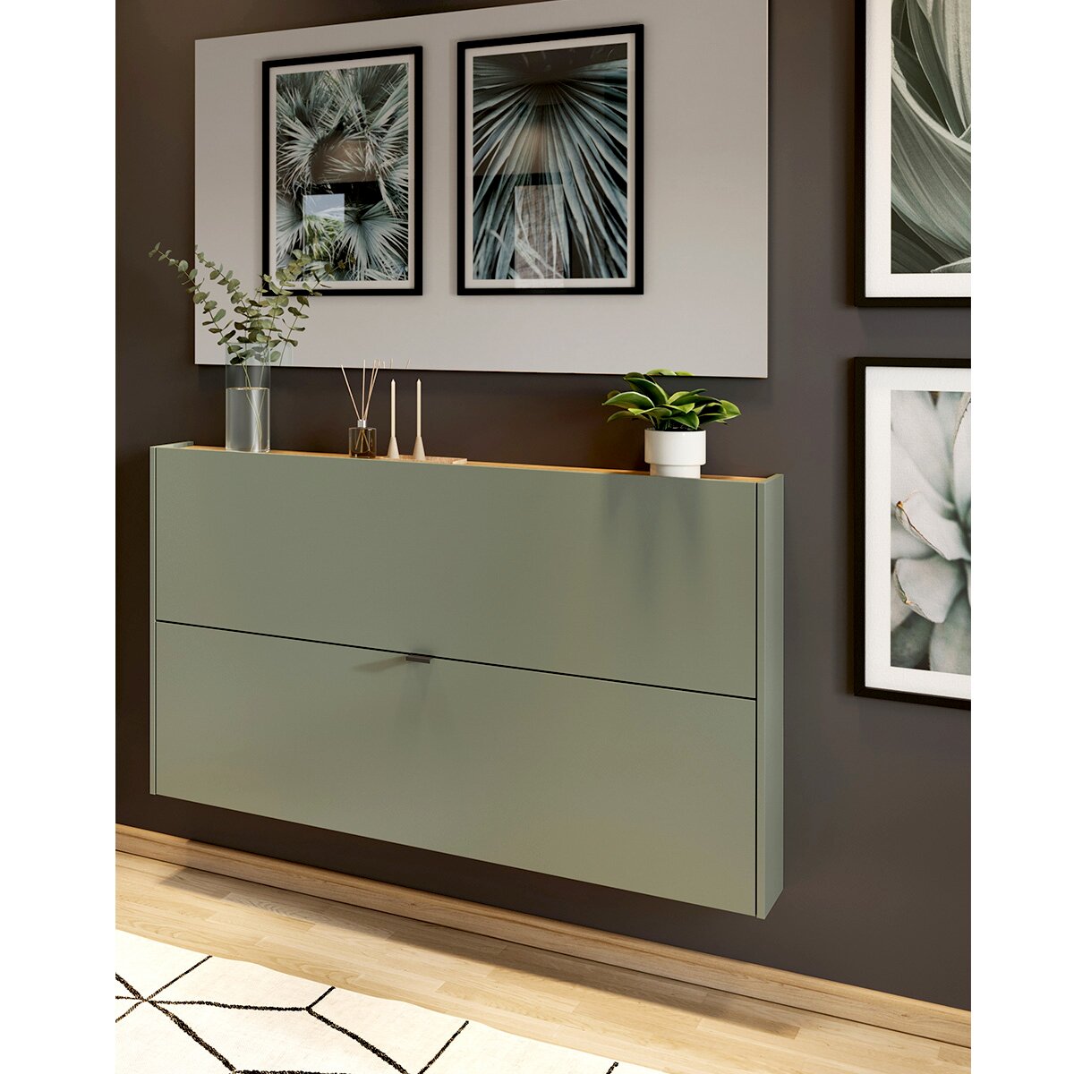 MID.YOU Garderoben-Set AMECA Moderne Garderobe in minimalistischem Design, hängend an der Wand, mit Dekorationen und Pflanzen, aus seitlicher Perspektive.