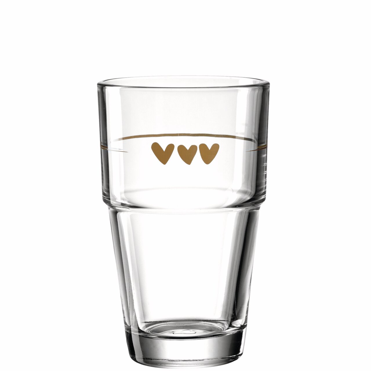Glasbecher mit drei goldenen Herzen, seitliche Perspektive