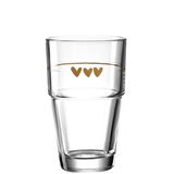 Glasbecher mit drei goldenen Herzen, seitliche Perspektive