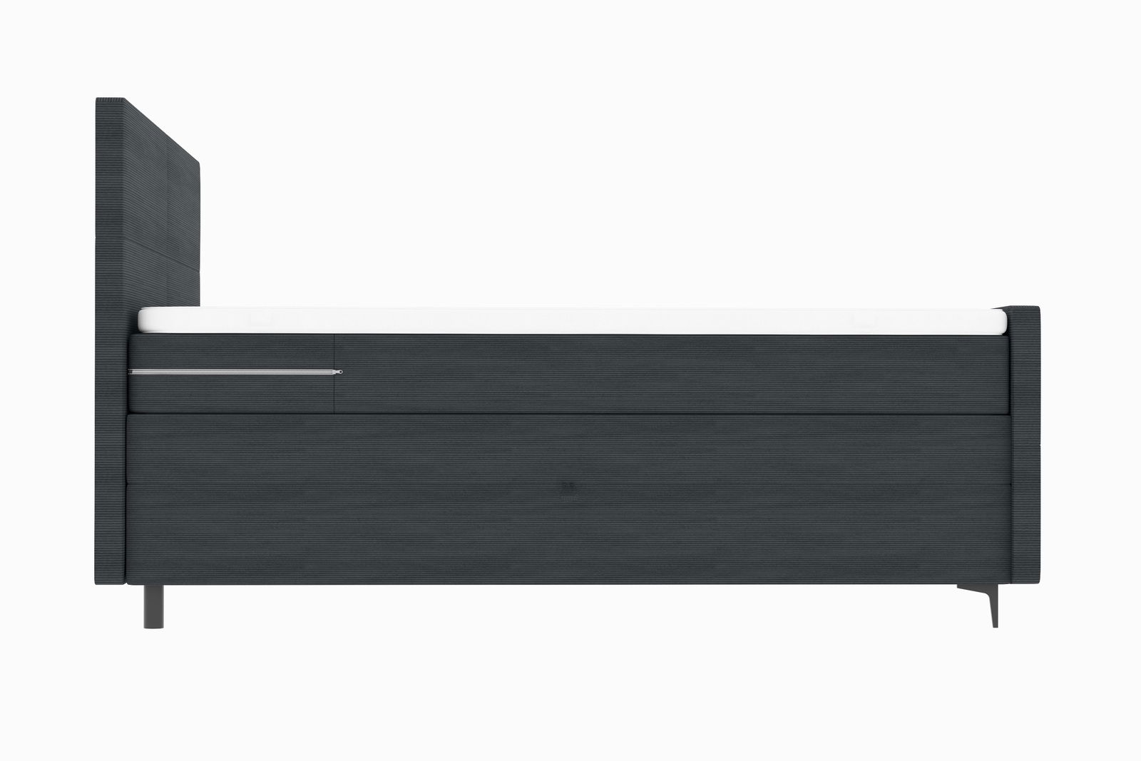 Seitenansicht eines modernen Boxspringbetts mit dunklem Holzrahmen und weißer Matratze.