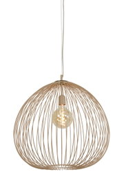 Moderne hanglamp met een open, bolvormig draadontwerp en zichtbare gloeilamp, gezien van voren.