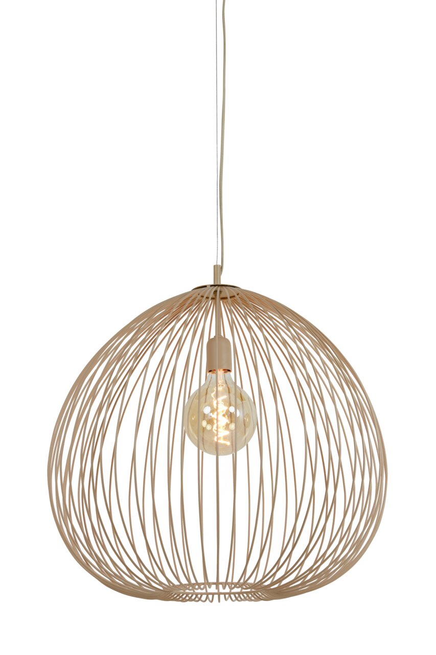 Moderne hanglamp met een open, bolvormig draadontwerp en zichtbare gloeilamp, gezien van voren.