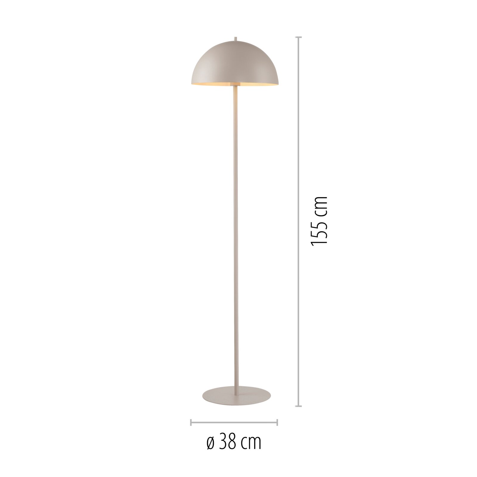 Beige Stehleuchte mit halbkugelförmigem Schirm und rundem Standfuß, Höhe 155 cm und Durchmesser 38 cm, freigestellt auf weißem Hintergrund in Frontalansicht.
