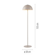 Beige Stehleuchte mit halbkugelförmigem Schirm und rundem Standfuß, Höhe 155 cm und Durchmesser 38 cm, freigestellt auf weißem Hintergrund in Frontalansicht.