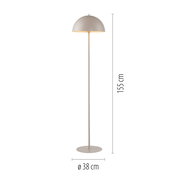 Beige Stehleuchte mit halbkugelförmigem Schirm und rundem Standfuß, Höhe 155 cm und Durchmesser 38 cm, freigestellt auf weißem Hintergrund in Frontalansicht.