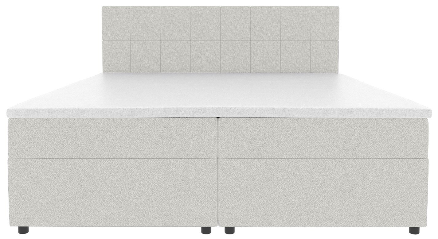 Hellgraues Boxspringbett mit gepolstertem, kariertem Kopfteil und geteiltem Unterbau, Frontalansicht