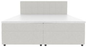 Hellgraues Boxspringbett mit gepolstertem, kariertem Kopfteil und geteiltem Unterbau, Frontalansicht