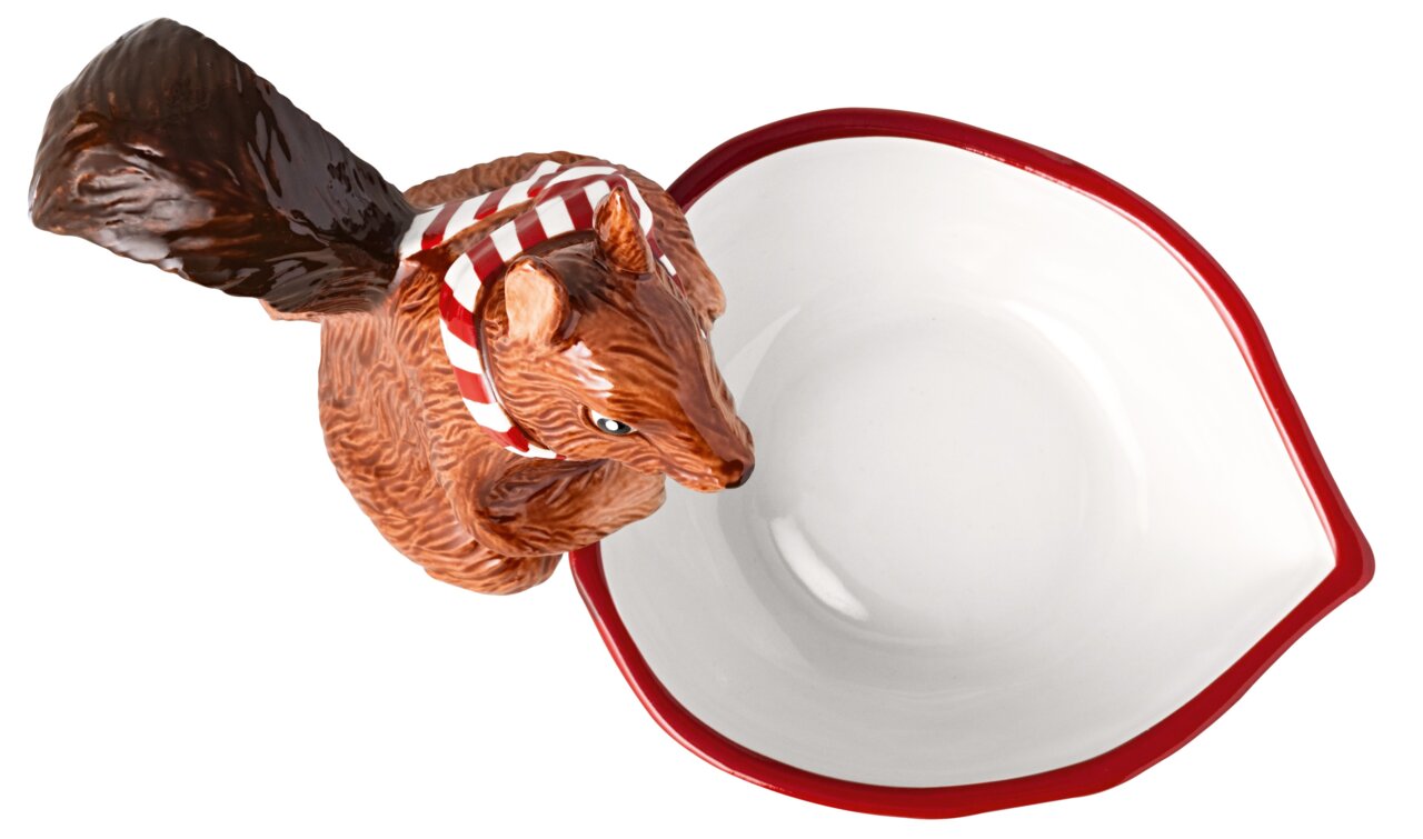 Keramische schaal met een eekhoornfiguurtje, gezien van bovenaf, met een rood-wit gestreepte sjaal.
